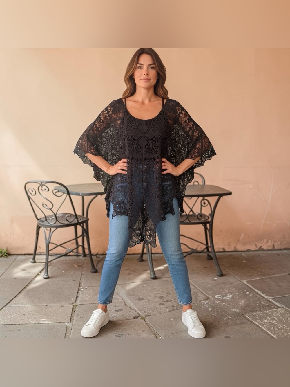 Free People Black Crochet Oversized Lace Poncho Top, Size XS